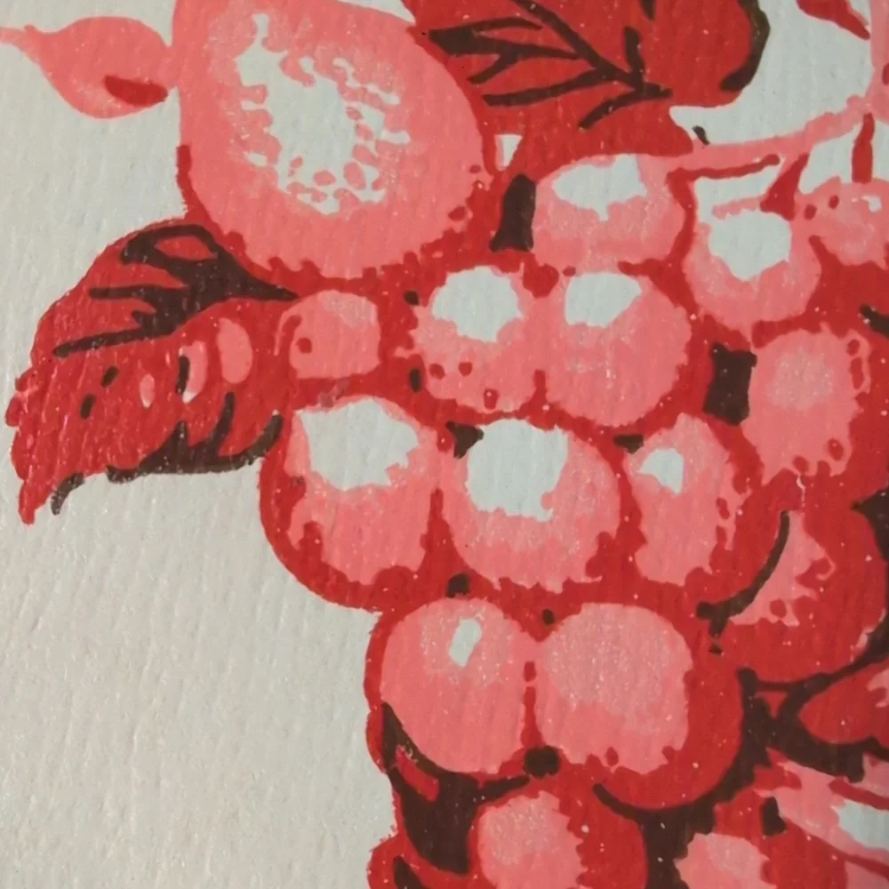 Vintage Antique French Country  Floral and Fruit Basket Art Red & Pink Wallpaper